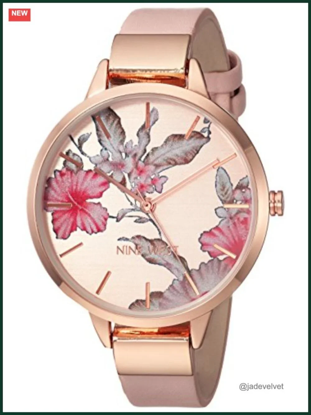 Nine West Women's Floral Dial Faux Leather Strap Watch Japanese Quartz